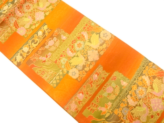 変わり横段に花鳥模様織り出し袋帯